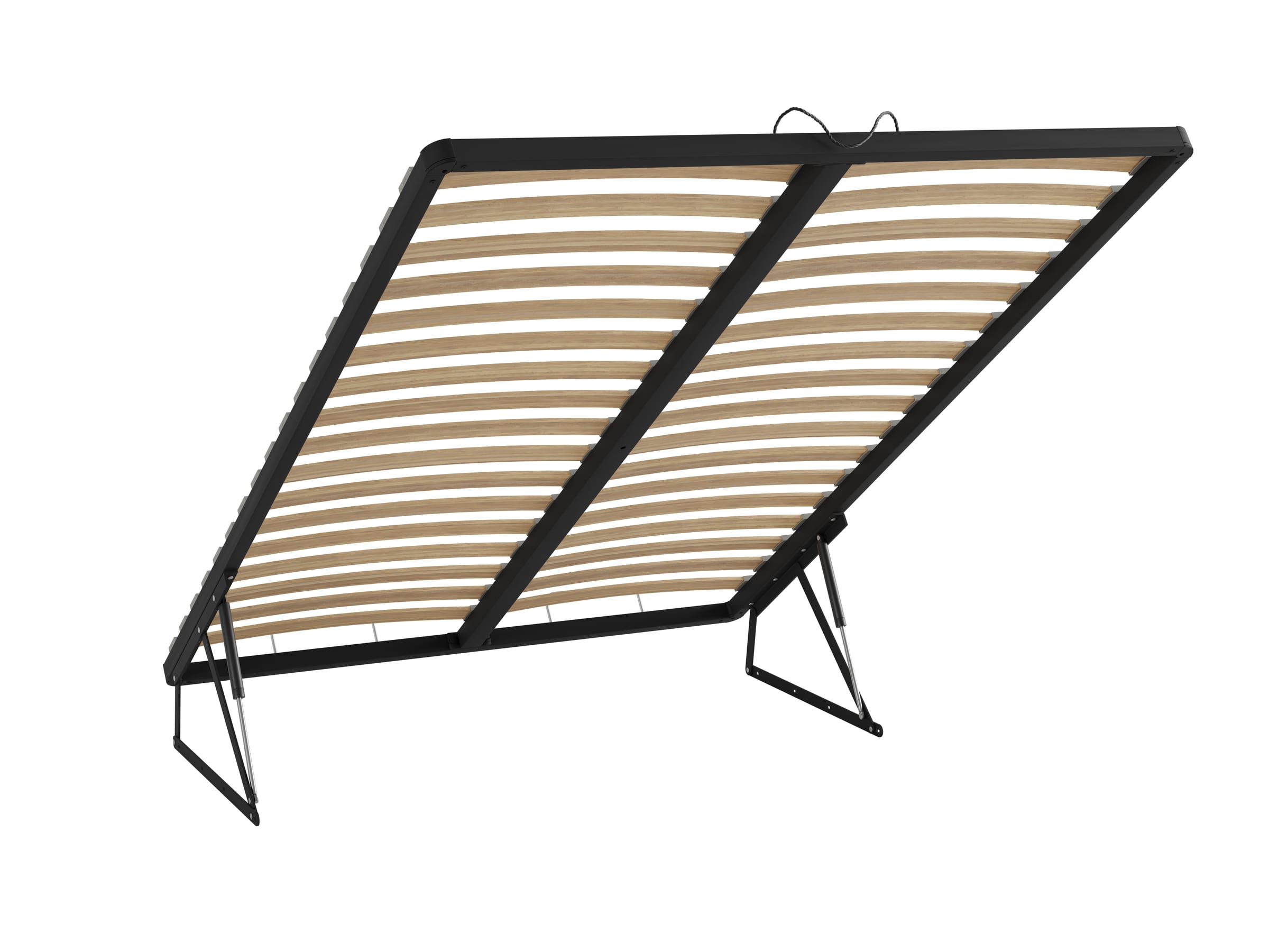 Small Double ottoman bed base in the open position, showing the two-part frame and gas springs